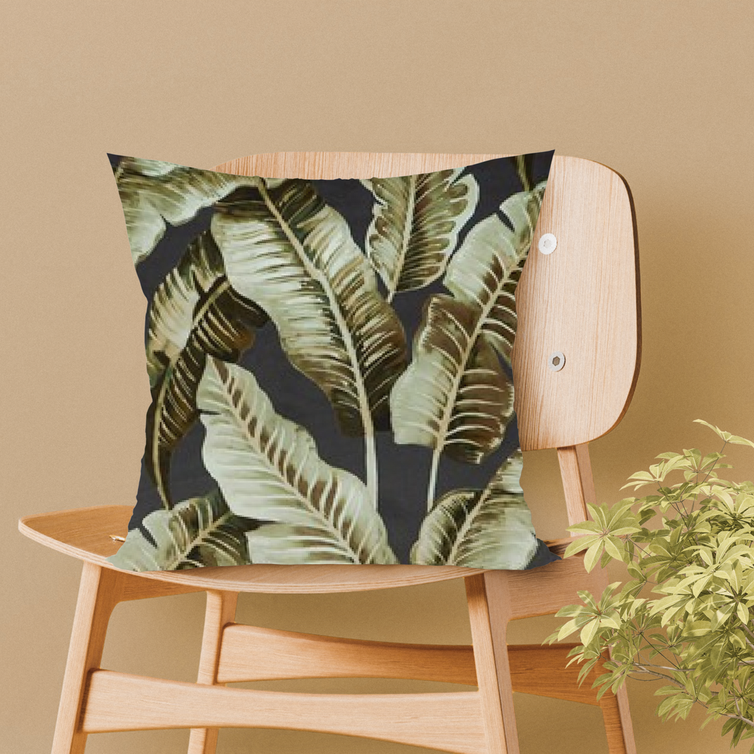 Charcoal Velvet Cushion with Green Leaves