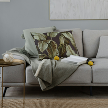 Charcoal Velvet Cushion with Green Leaves