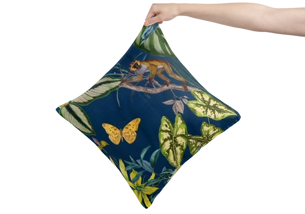 blue lagoon tropical velvet cushion - luxury throw pillow with tropical animals, leaves and flowers -deep blue, green and yellow design - From Loft to Loved Interiors