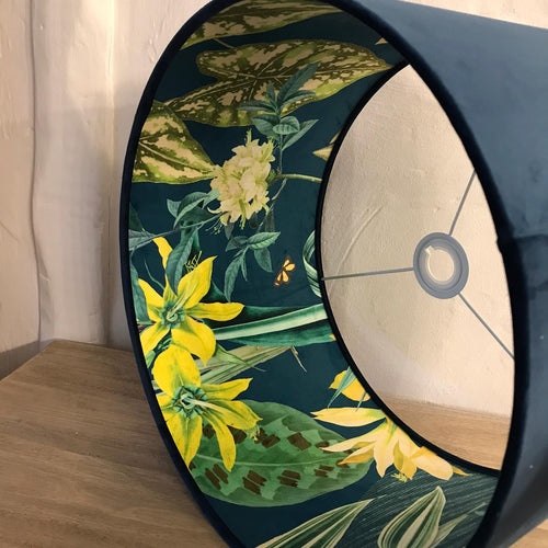 luxury blue velvet lampshade with striking tropical inner - double sided ceiling pendant - handmade lighting - From Loft to Loved Interiors