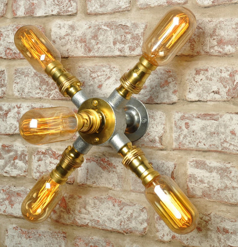 Industrial steampunk vintage style steel 5 way lighting sconce - wall light - indoor use - home - business - living room - dining room -
