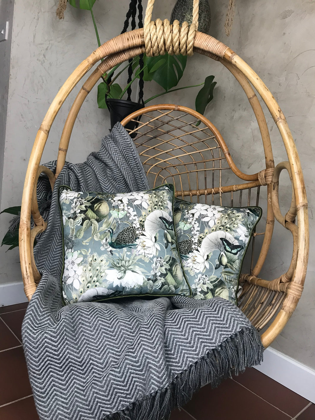 Grey & Green Peacock Velvet Cushion