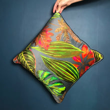 autumn leaf luxury velvet cushion - charcoal velvet with red, orange and green leaves - handmade new cushion - From Loft to Loved Interiors