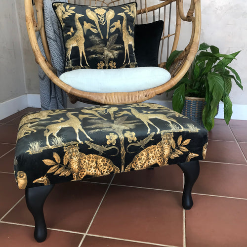 black & gold jungle velvet footstool - handmade new luxury seating - animal print exotic design - From Loft to Loved Interiors