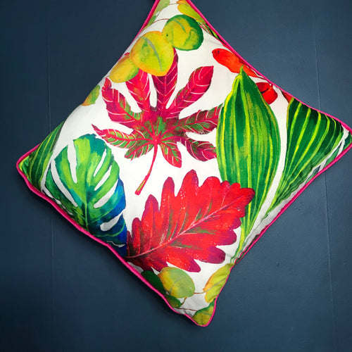 bright tropical leaf velvet cushion - luxury colourful throw pillow - pink, white & green cushion - From Loft to Loved Interiors
