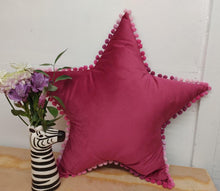 Velvet Star Cushion With Pom Pom Trim
