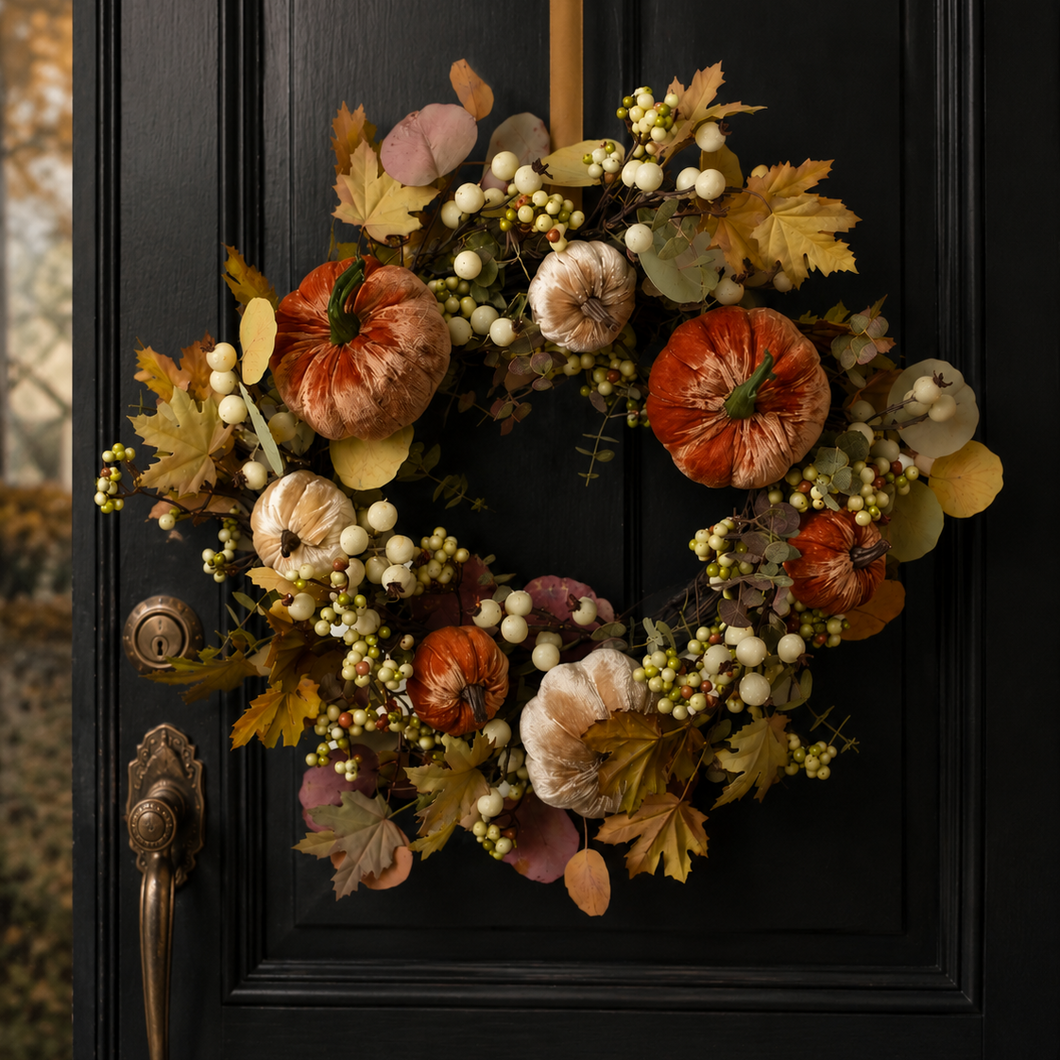 An autumn-themed floral wreath hanging on a black front door. The wreath features faux pumpkins in orange, beige, and brown tones, cream-colored berries, and fall leaves in shades of yellow, gold, and muted pink.