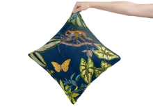 blue lagoon tropical velvet cushion - luxury throw pillow with tropical animals, leaves and flowers -deep blue, green and yellow design - From Loft to Loved Interiors
