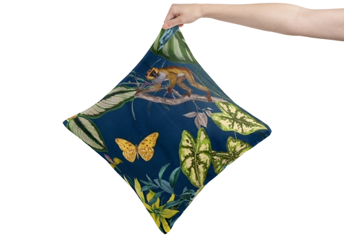 blue lagoon tropical velvet cushion - luxury throw pillow with tropical animals, leaves and flowers -deep blue, green and yellow design - From Loft to Loved Interiors