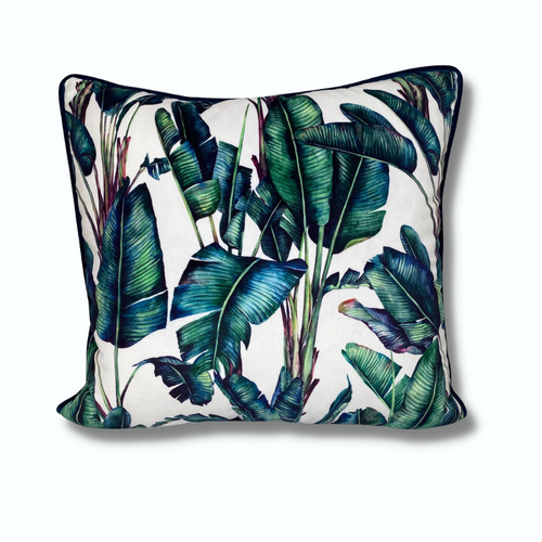 tropical leaf velvet cushion - green and blue leaf luxury throw pillow - From Loft to Loved Interiors