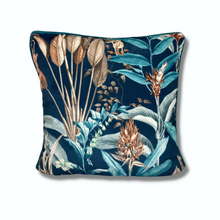 luxurious blue rainforest cushion - velvet blue and natural leaf cushion - handmade throw pillow - From Loft to Loved Interiors