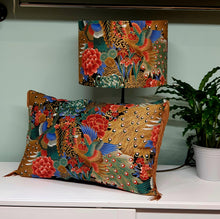 Gold & Green Peacock Fringed Cotton Cushion