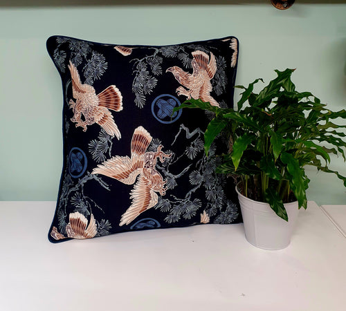 deep navy eagle cushion -luxury throw pillow - piped cotton cushion -From Loft to Loved Interiors