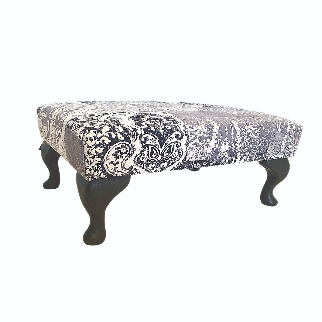 Grey, black & white luxury velvet footstool - handmade new furniture - damask patchwork patterned seating - From Loft to Loved Interiors