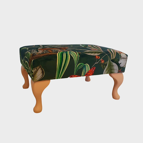 tropical green luxury velvet footstool - tropical plants and animal print - handmade new footstool - From Loft to Loved Interiors