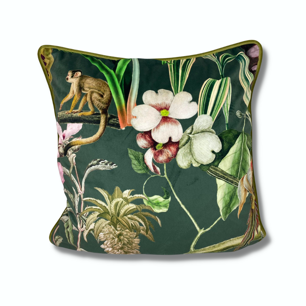 green tropical flora and fauna velvet cushion - luxury throw pillows - jungle animals and birds - From Loft to Loved Interiors
