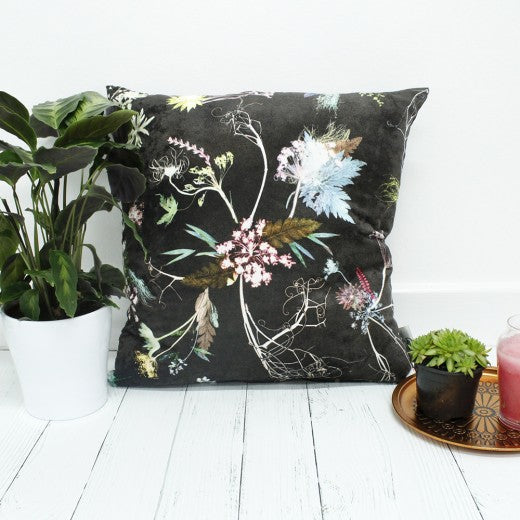 From Loft to loved - Gillian Arnold - 45cm velvet cushion - duck feather inner - Sedgefield, County Durham - Edwardian blooms - dark chocolate and white floral print