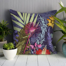 From Loft to loved - Gillian Arnold - 45cm velvet cushion - duck feather inner - Sedgefield, County Durham - Midnight jungle - blue and pink tropical print
