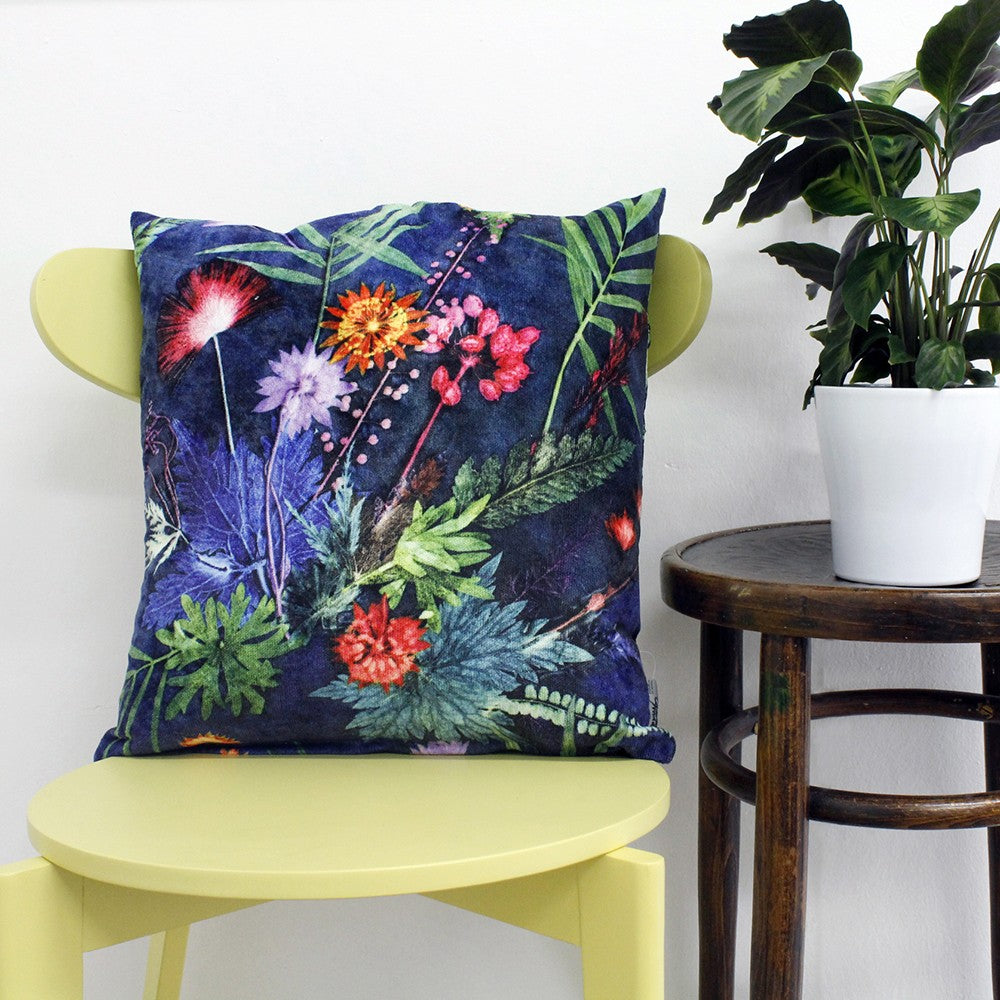 From Loft to loved - Gillian Arnold - 45cm velvet cushion - duck feather inner - Sedgefield, County Durham - Indigo tropical - green and blue tropical print