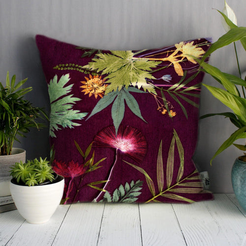 From Loft to loved - Gillian Arnold - 45cm velvet cushion - duck feather inner - Sedgefield, County Durham - Tropical wine - red wine and green botanical print