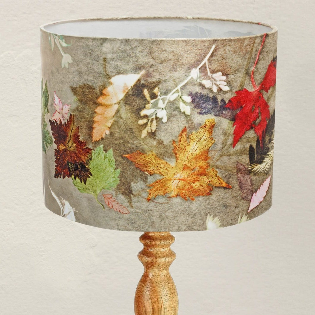 From Loft to loved - Gillian Arnold - drum shade for ceiling or table lamp - Sedgefield, County Durham - Floral Dance - brown and red leaves