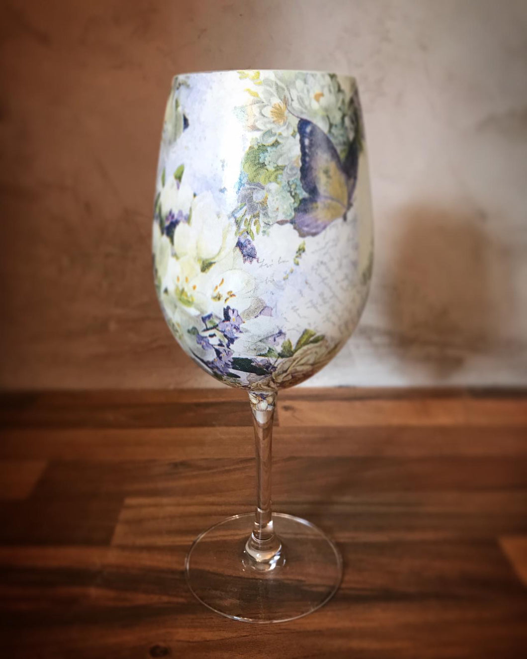 Floral Butterfly Long Stemmed Crystal Wine Glass