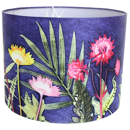 From Loft to loved - Gillian Arnold - drum shade for ceiling or table lamp - Sedgefield, County Durham - Blue Jungle - botanical print - blue brights