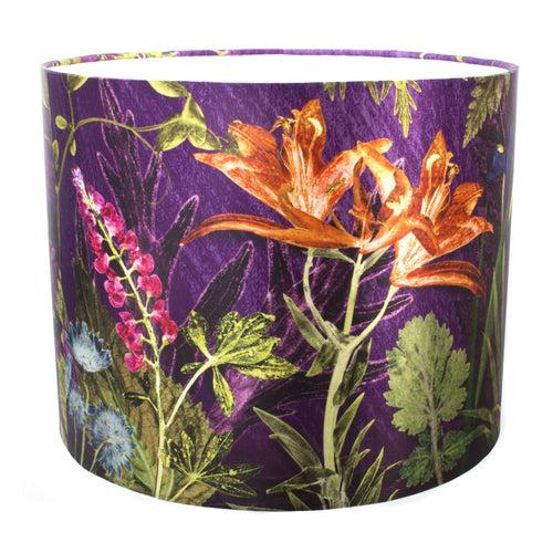 From Loft to loved - Gillian Arnold - drum shade for ceiling or table lamp - Sedgefield, County Durham - purple whisper - purple and orange botanical print