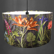 From Loft to loved - Gillian Arnold - drum shade for ceiling or table lamp - Sedgefield, County Durham - Midnight Bloom - black, orange and pink botanical print