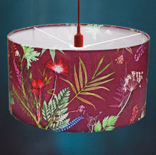 From Loft to loved - Gillian Arnold - drum shade for ceiling or table lamp - Sedgefield, County Durham - tropical wine - red wine and green botanical print