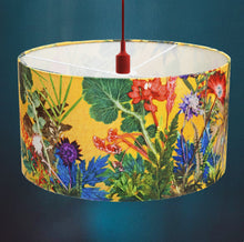 From Loft to loved - Gillian Arnold - drum shade for ceiling or table lamp - Sedgefield, County Durham - summer tropics - yellow and green botanical print
