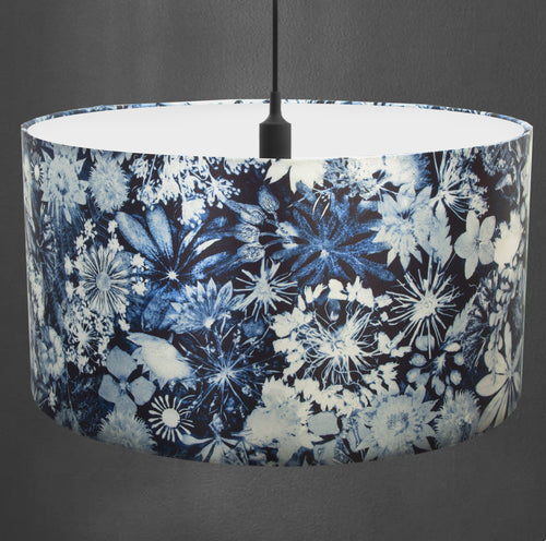 From Loft to loved - Gillian Arnold - drum shade for ceiling or table lamp - Sedgefield, County Durham - Cascades of Blue - blue and white floral