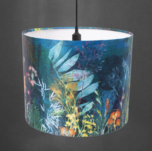 From Loft to loved - Gillian Arnold - drum shade for ceiling or table lamp - Sedgefield, County Durham - Aqua magna - botanical print - sea green