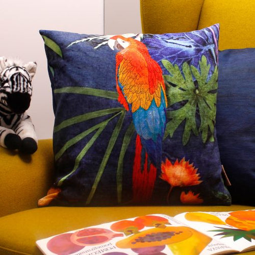 From Loft to loved - Gillian Arnold - 45cm velvet cushion - duck feather inner - Sedgefield, County Durham - Exotic parrot - blue and red tropical print