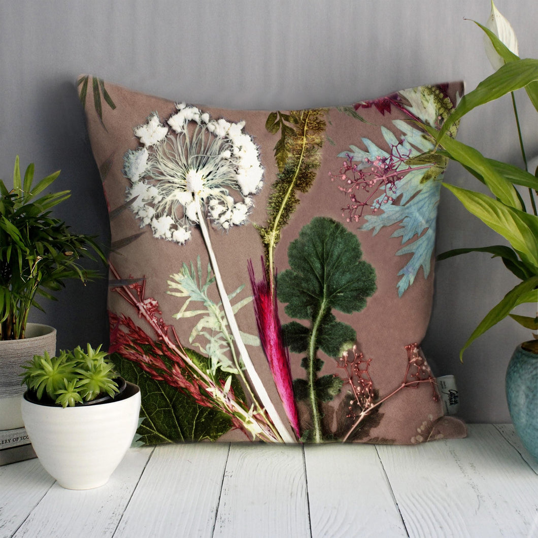 From Loft to loved - Gillian Arnold - 45cm velvet cushion - duck feather inner - Sedgefield, County Durham - Tropical dusk - pink and green floral print