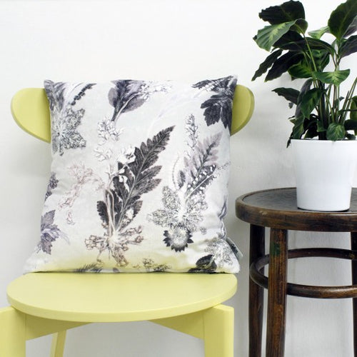 From Loft to loved - Gillian Arnold - 45cm velvet cushion - duck feather inner - Sedgefield, County Durham - Winter Flourish - monochrome - black and white botanical print