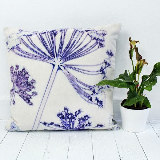 From Loft to loved - Gillian Arnold - 45cm velvet cushion - duck feather inner - Sedgefield, County Durham - Fennel Canopy - white and violet floral