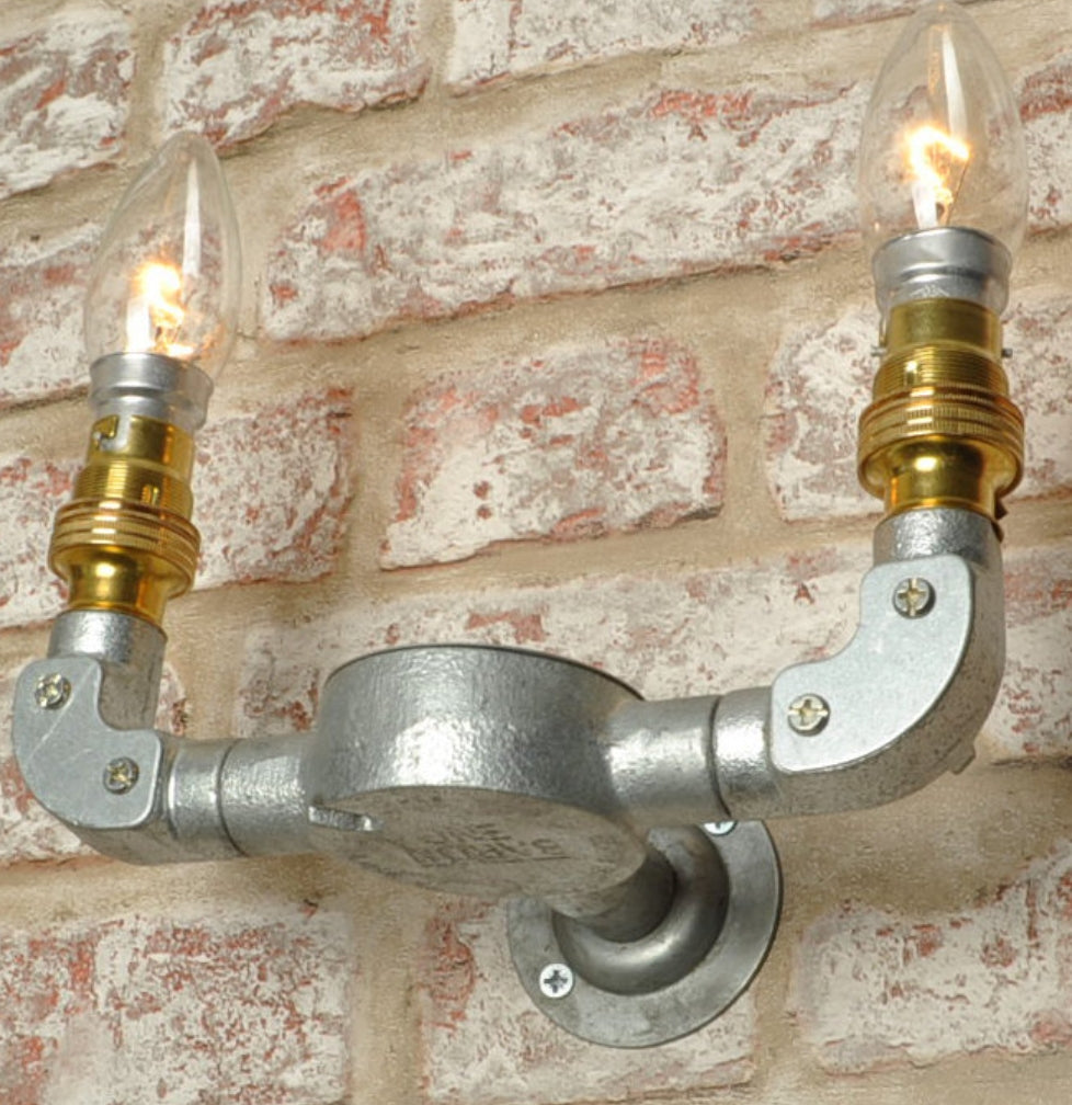 Industrial steampunk vintage style steel 2 way lighting sconce - wall light - indoor use - home - business - living room - dining room - double sconce