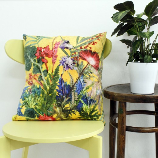 From Loft to loved - Gillian Arnold - 45cm velvet cushion - duck feather inner - Sedgefield, County Durham - Summer tropics - yellow and green tropical print