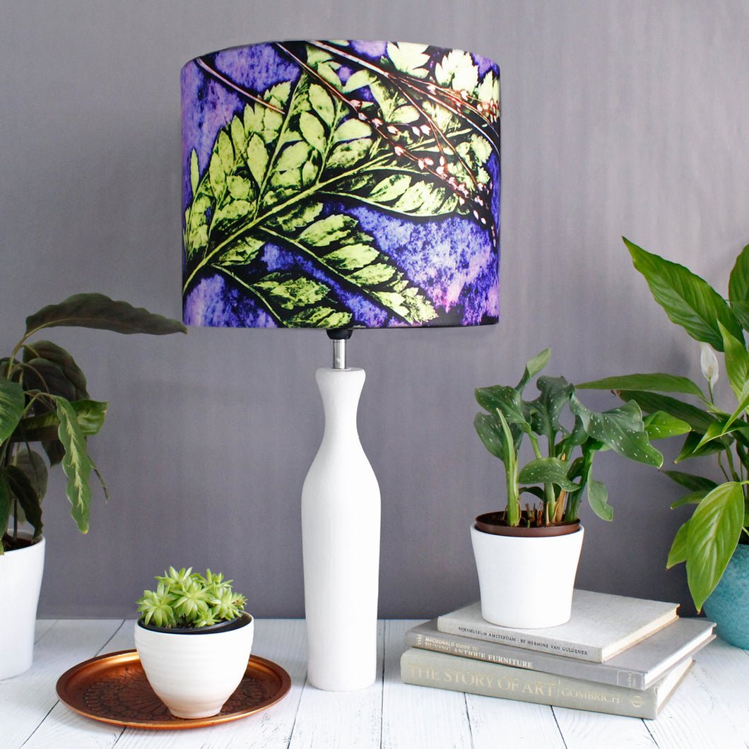 From Loft to loved - Gillian Arnold - drum shade for ceiling or table lamp - Sedgefield, County Durham - plum fern - green and purple