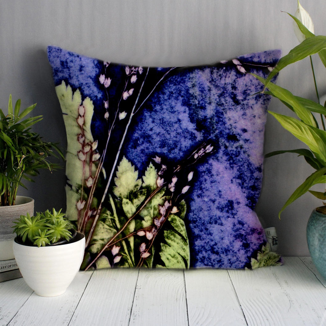 From Loft to loved - Gillian Arnold - 45cm velvet cushion - duck feather inner - Sedgefield, County Durham - Plum fern - green and purple botanical print