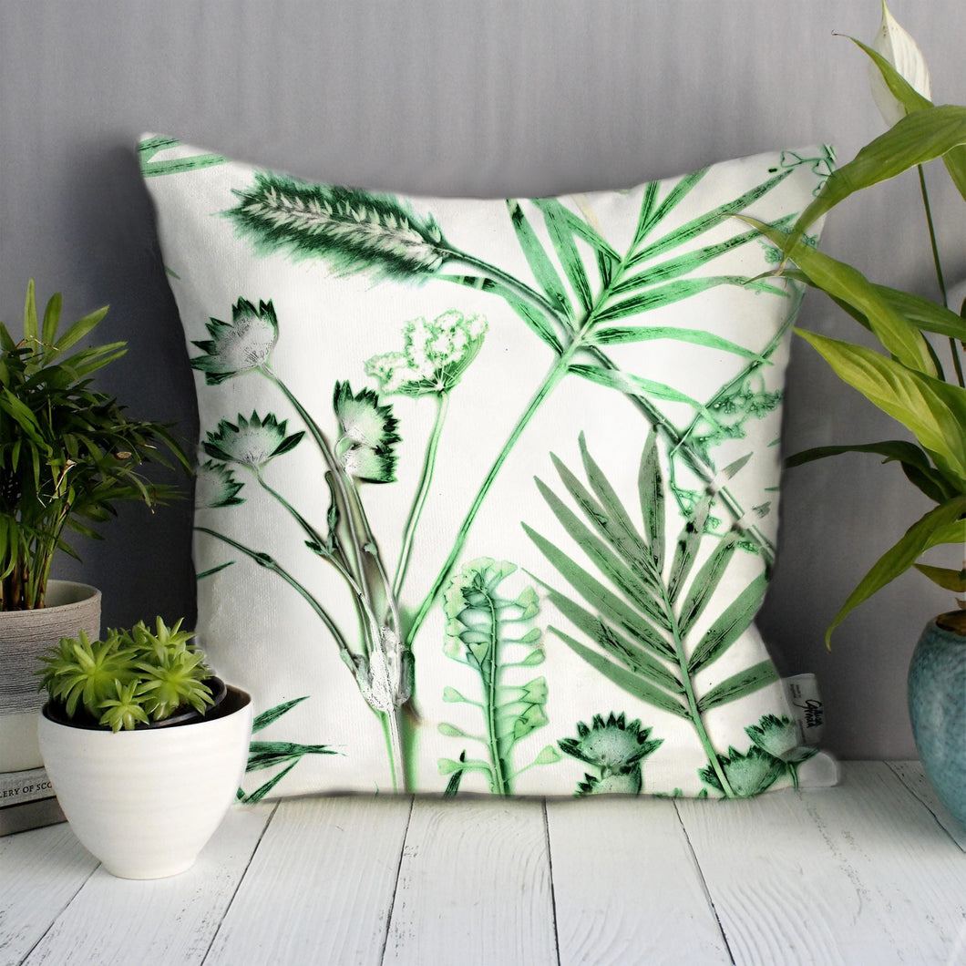 From Loft to loved - Gillian Arnold - 45cm velvet cushion - duck feather inner - Sedgefield, County Durham - Hothouse fronds - green and white botanical print