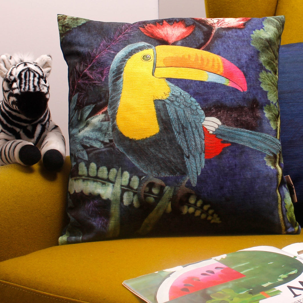 From Loft to loved - Gillian Arnold - 45cm velvet cushion - duck feather inner - Sedgefield, County Durham - Tropical toucan - yellow and blue tropical print