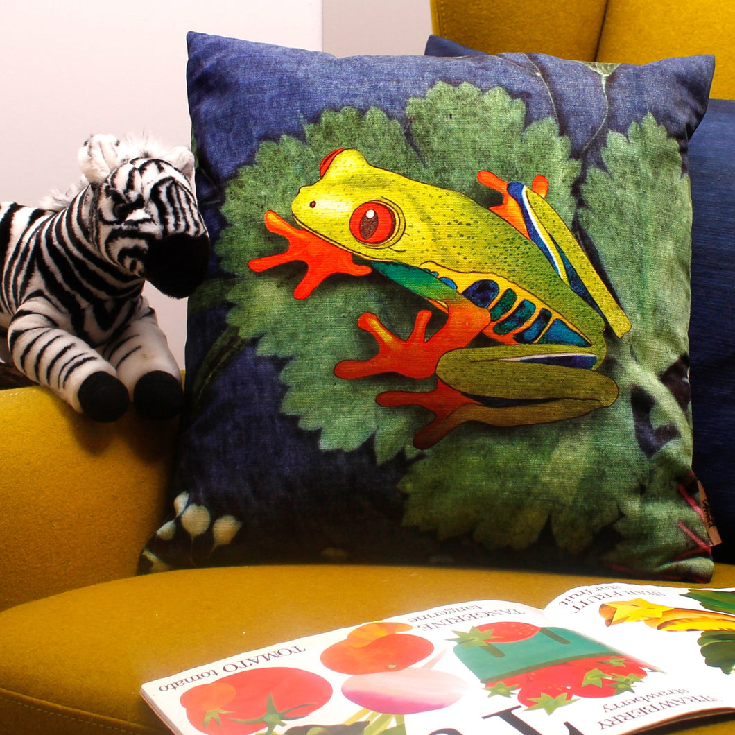 From Loft to loved - Gillian Arnold - 45cm velvet cushion - duck feather inner - Sedgefield, County Durham - Exotic frog - blue and green tropical print