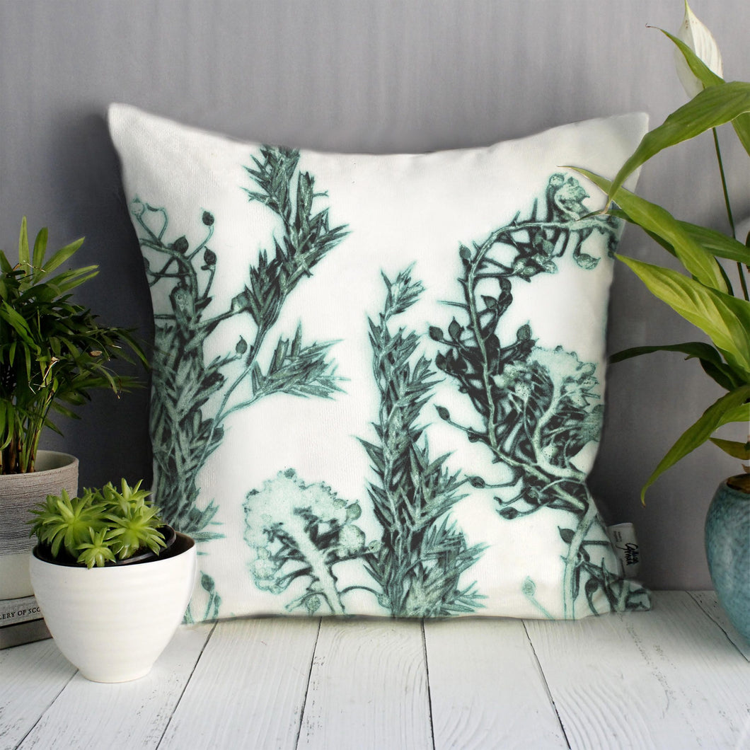 From Loft to loved - Gillian Arnold - 45cm velvet cushion - duck feather inner - Sedgefield, County Durham - Green landscape - green and white botanical print