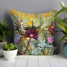 From Loft to loved - Gillian Arnold - 45cm velvet cushion - duck feather inner - Sedgefield, County Durham - Tropical sunshine - yellow and pink tropical print
