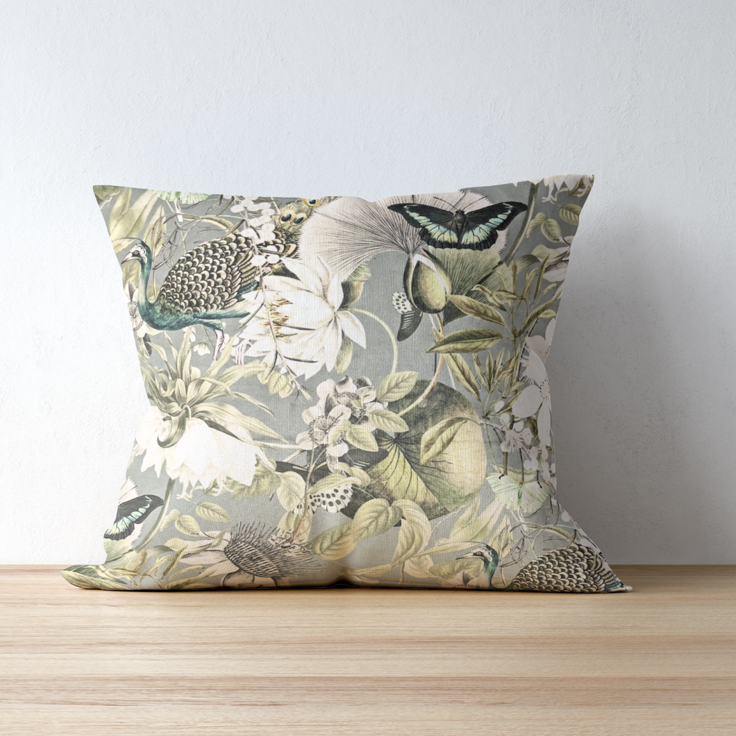 Grey Green Peacock Velvet Cushion From Loft to Loved