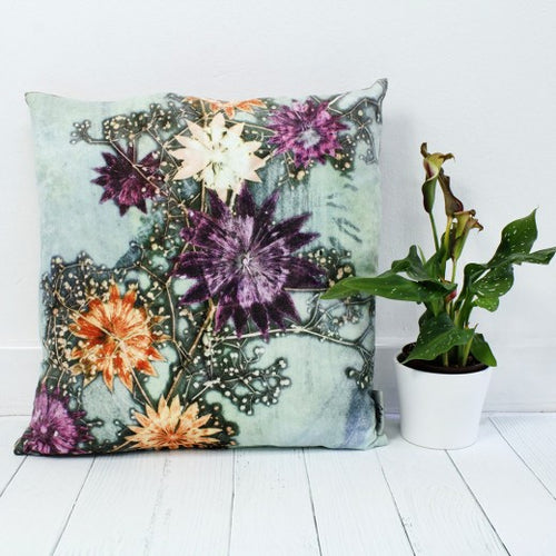 From Loft to loved - Gillian Arnold - 45cm velvet cushion - duck feather inner - Sedgefield, County Durham - Branching astrantia - purple and orange floral burst