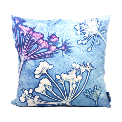 From Loft to loved - Gillian Arnold - 45cm velvet cushion - duck feather inner - Sedgefield, County Durham - Blue cow parsley - blue and white floral
