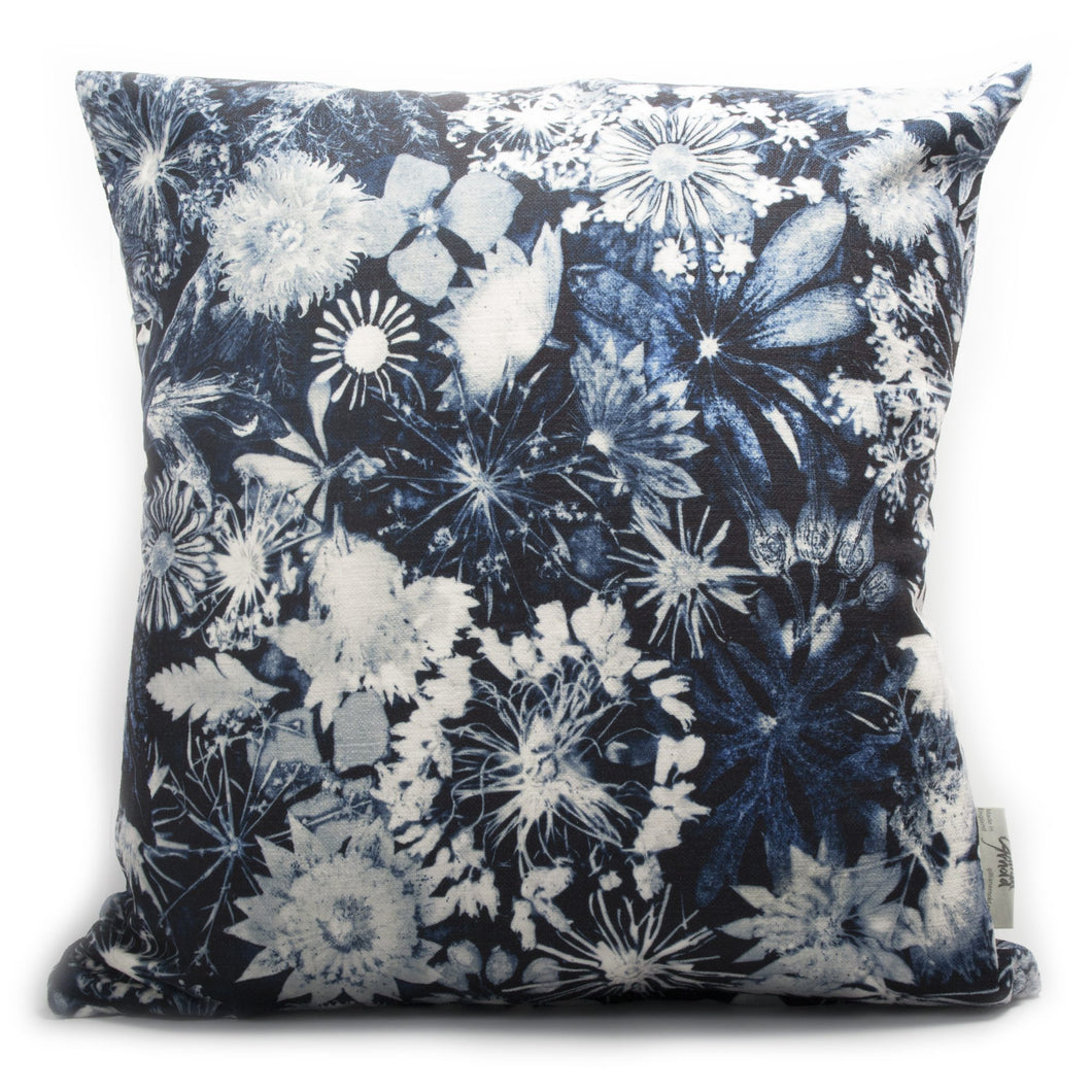 From Loft to loved - Gillian Arnold - 45cm velvet cushion - duck feather inner - Sedgefield, County Durham - Cascades of blue - blue and white floral print